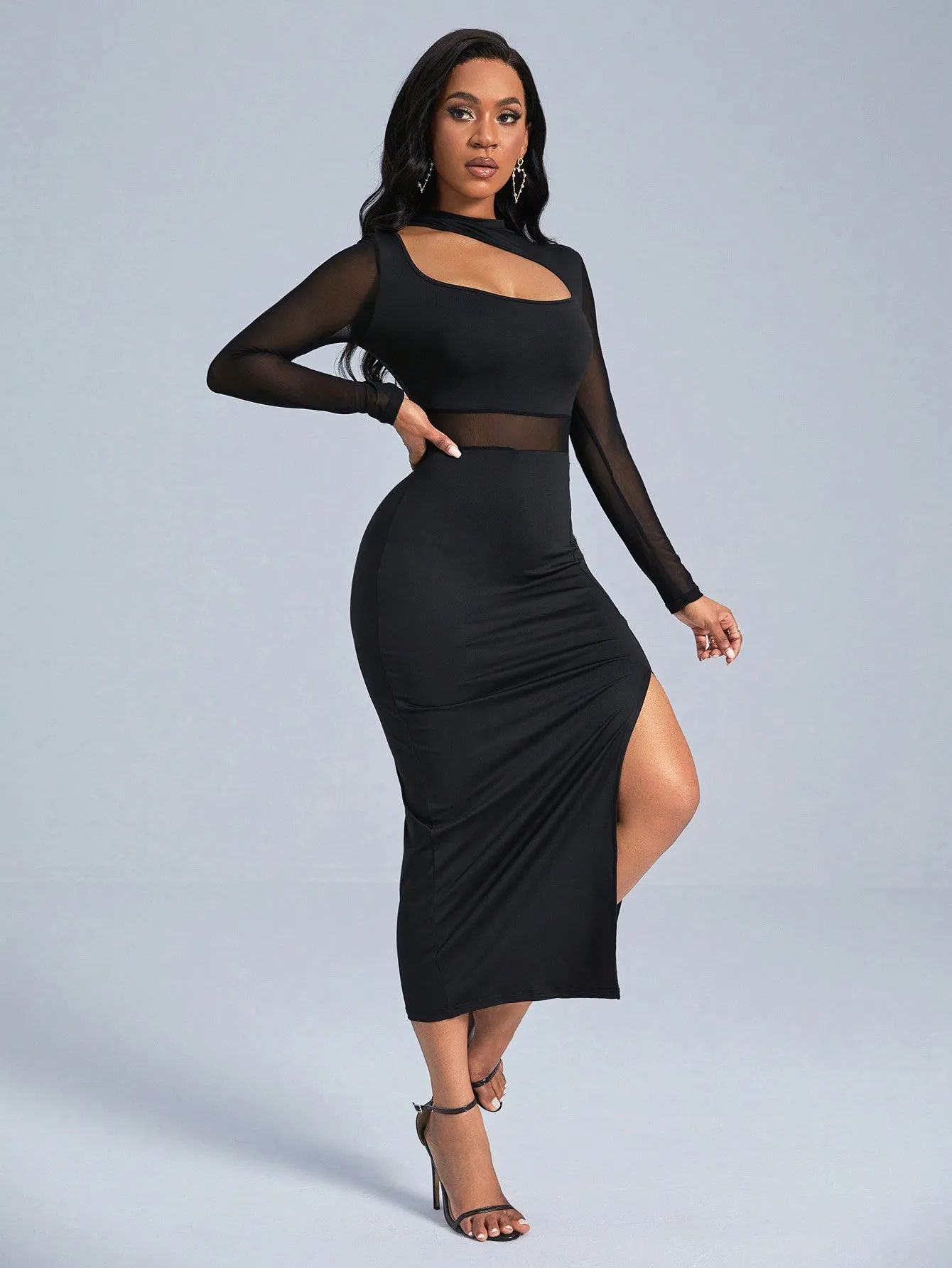Slayr Cut Out Front Contrast Mesh Split Thigh Dress sold by Negative product image thumbnail 3