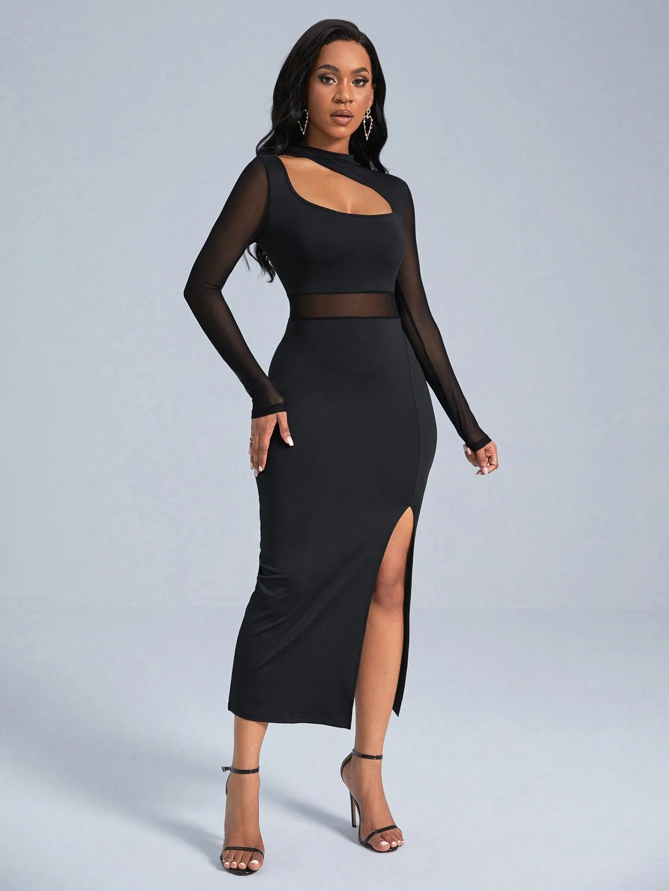 Slayr Cut Out Front Contrast Mesh Split Thigh Dress sold by Negative product image thumbnail 5