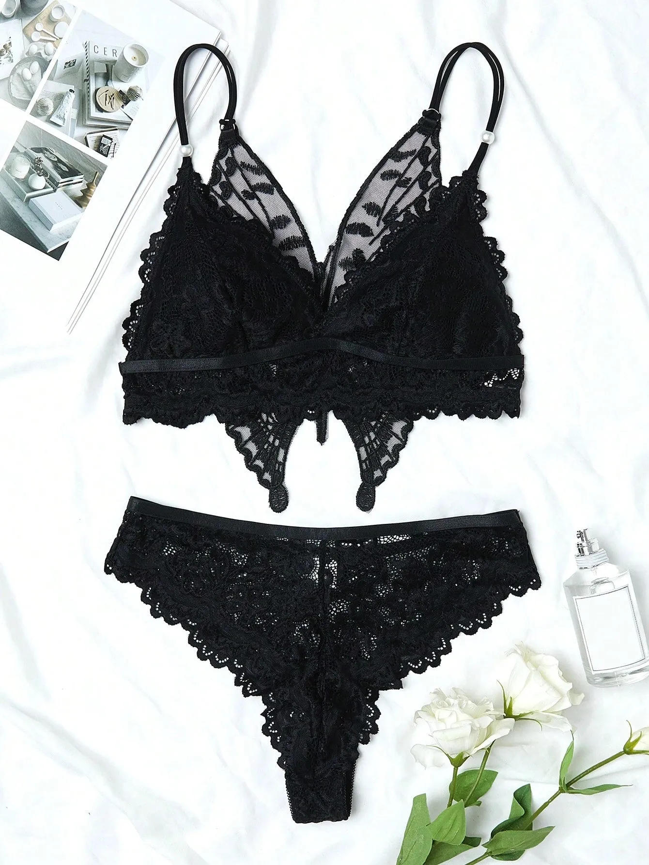 Butterfly Embroidery Floral Lace Underwire Lingerie Set sold by Negative product image thumbnail 3