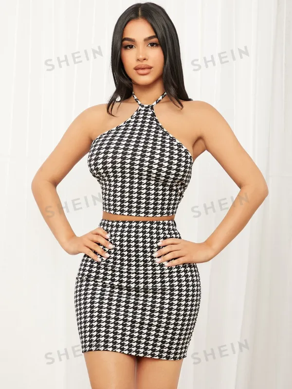SHEIN SXY Houndstooth Print Backless Halter Top & Bodycon Skirt sold by Negative