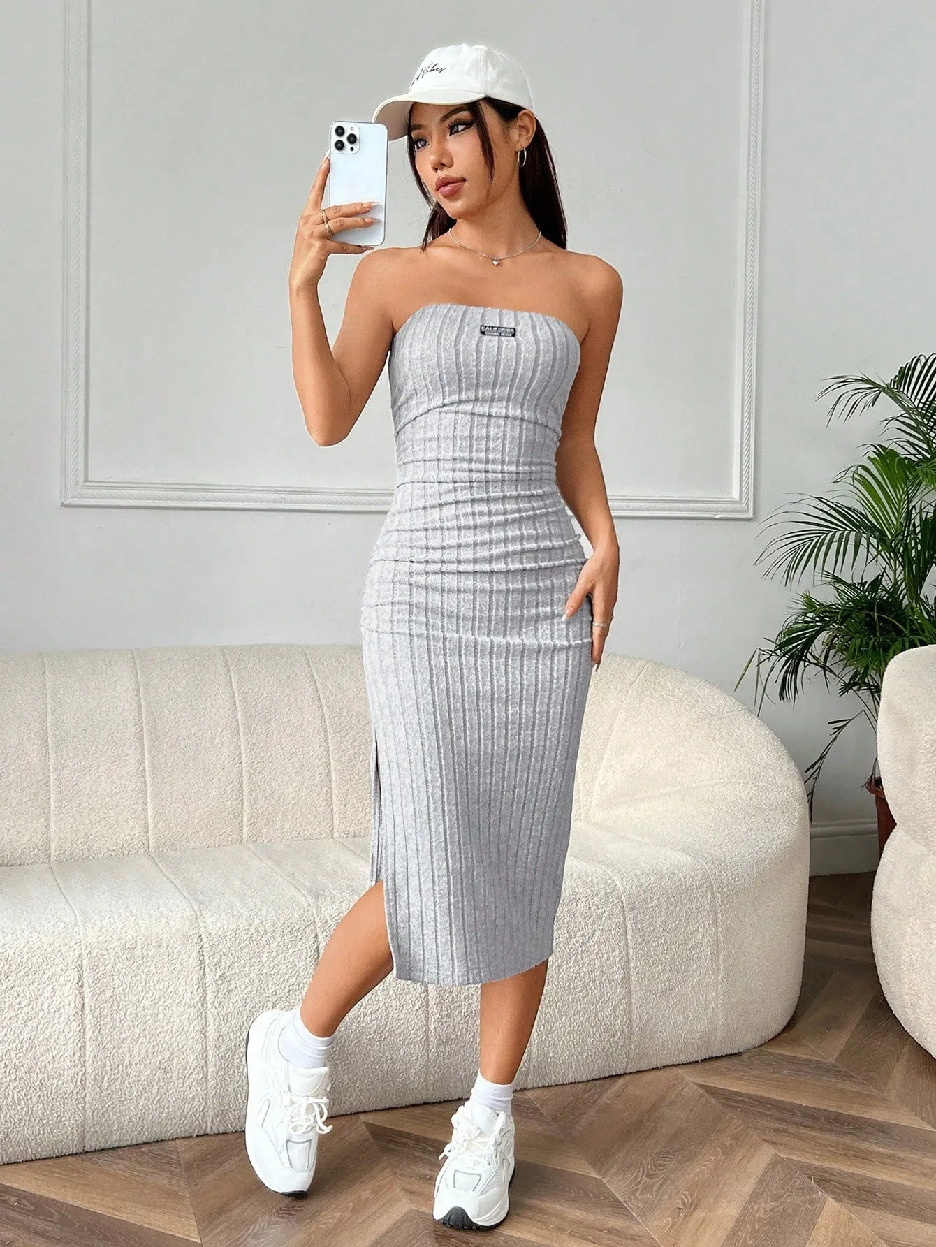 EZwear Letter Printed Patchwork Split Front Bandeau Dress sold by Negative