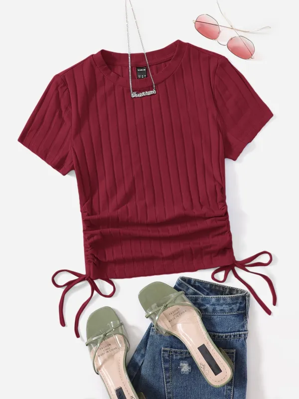 SHEIN Round Neck Short Sleeves Drawstring Ruched Side Rib-Knit Tee made by Negative