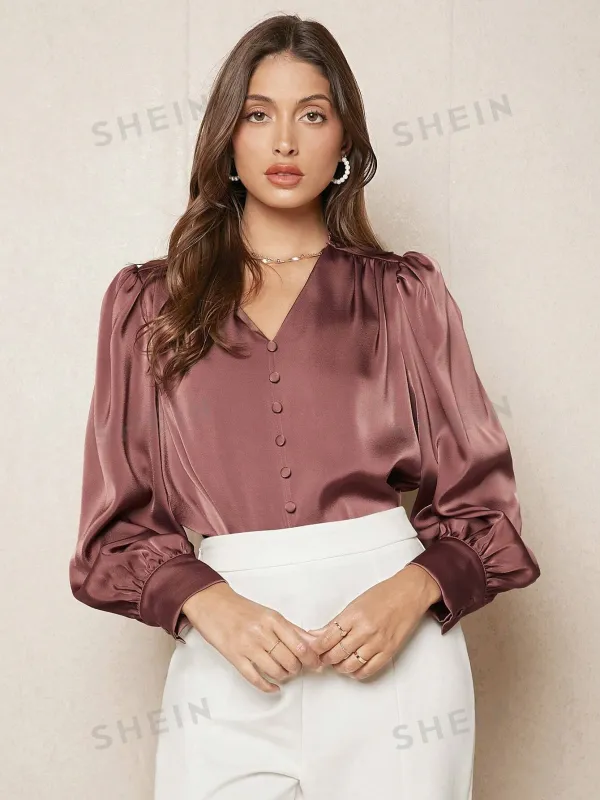 SHEIN BIZwear Solid Button Front Lantern Sleeve Satin Blouse made by Negative