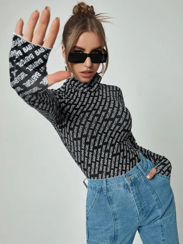 Thumb Holes Allover Letter Graphic Tee sold by Negative