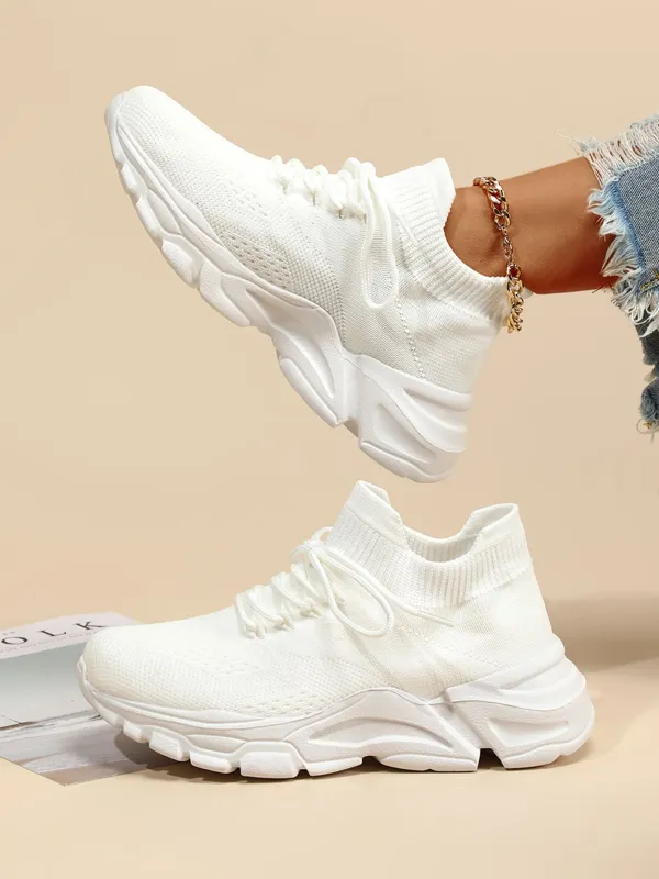 Lace-up Front High Top Chunky Sneakers, White Color Running Shoes With Solid Color Shoelaces For Women sold by Negative