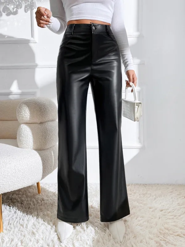 SHEIN Zipper Fly PU Flare Leg Pants made by Negative