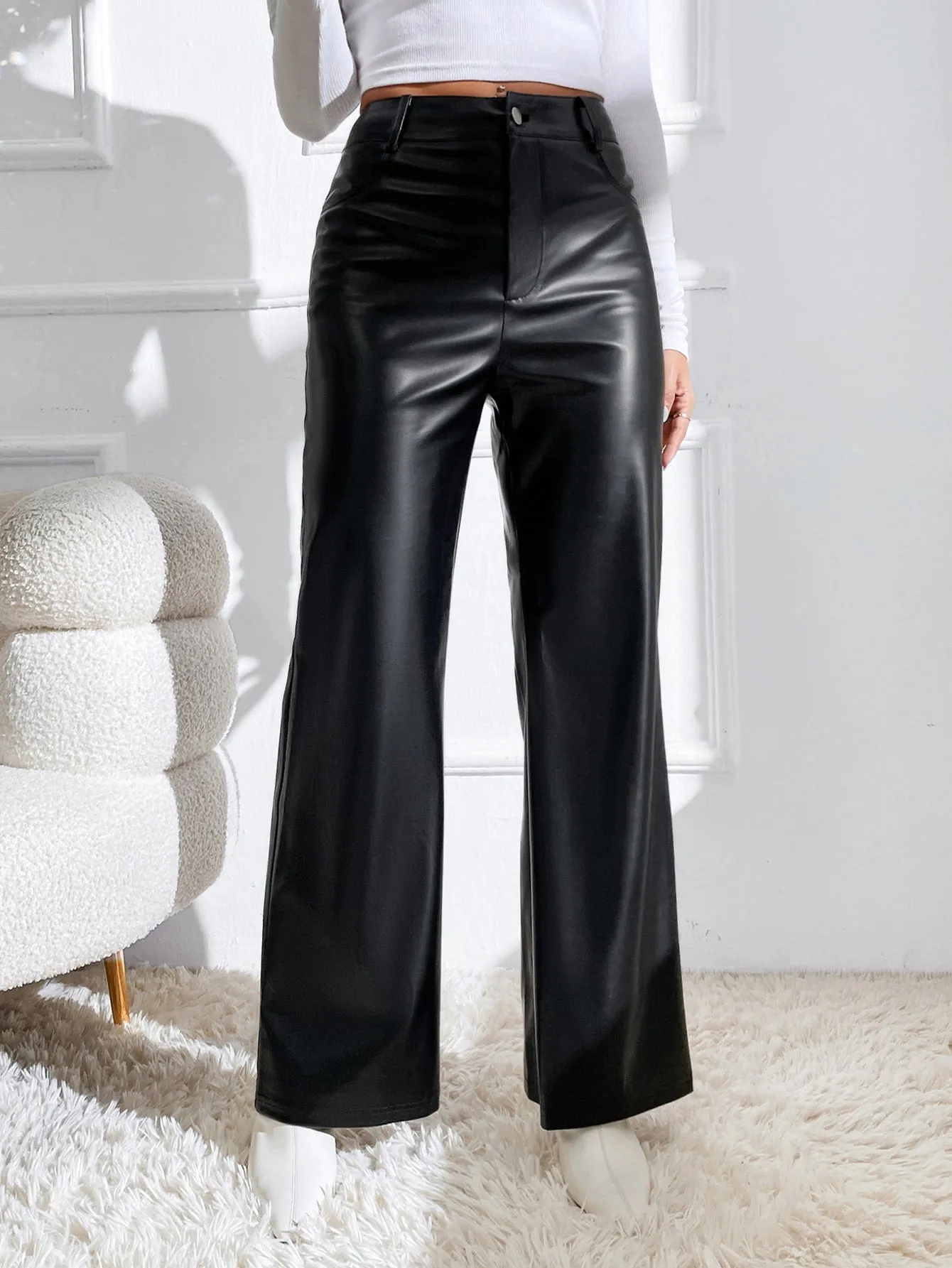 SHEIN Zipper Fly PU Flare Leg Pants sold by Negative product image thumbnail 5
