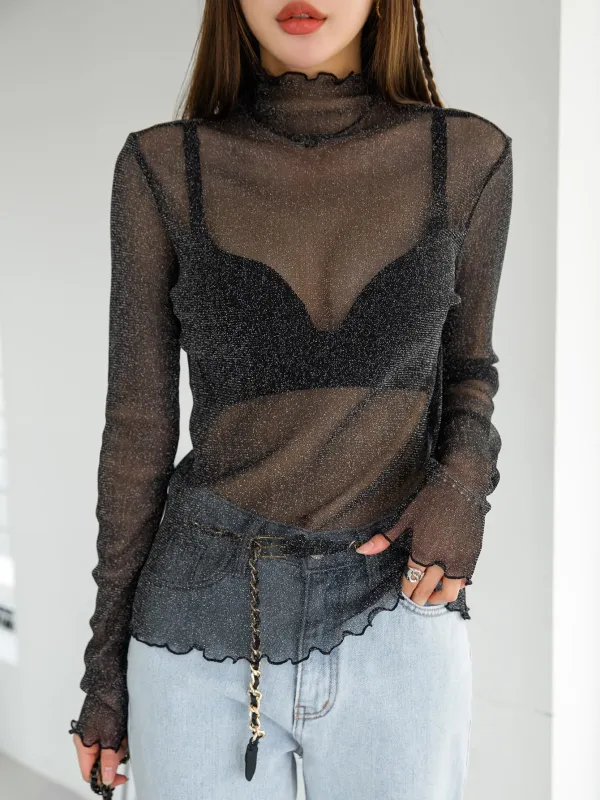 DAZY Lettuce Trim Mock Neck Mesh Top Without Bra sold by Negative