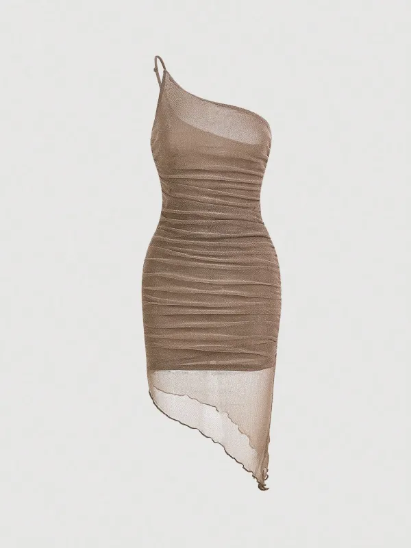 One Shoulder Ruched Asymmetrical Hem Mesh Dress made by Negative