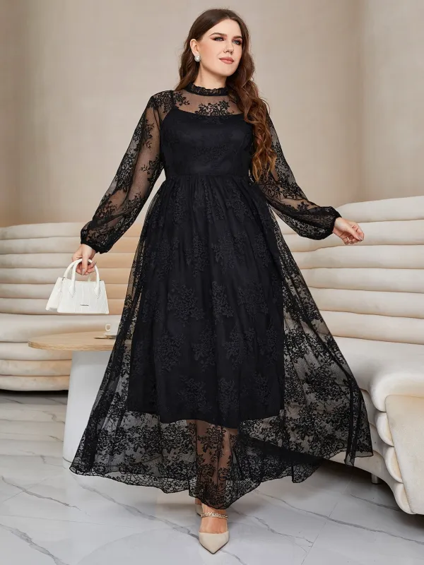 SHEIN Plus Lantern Sleeve Mock Neck Lace Dress made by Negative
