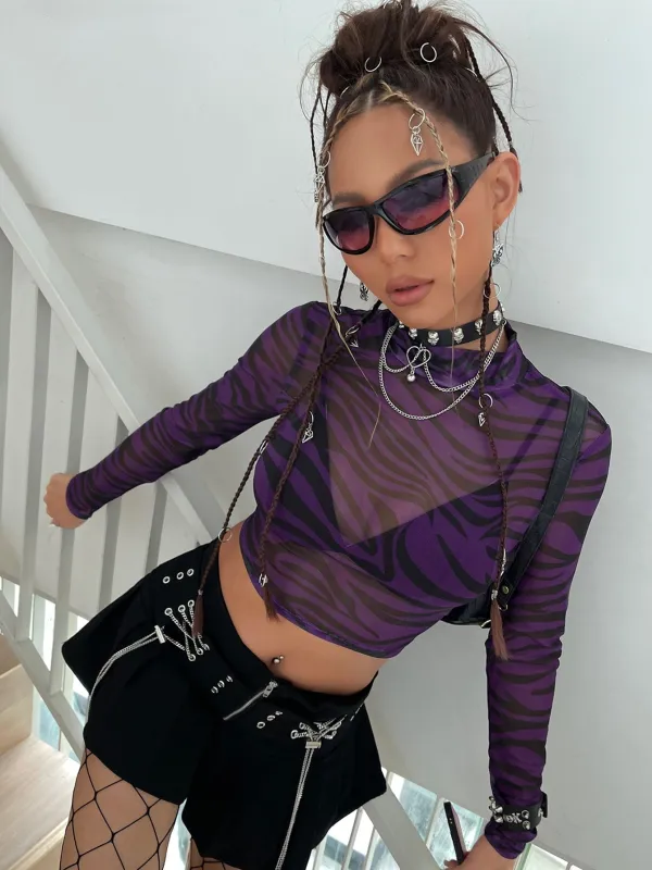 Mock Neck Zebra Striped Sheer Mesh Top Without Bra made by Negative