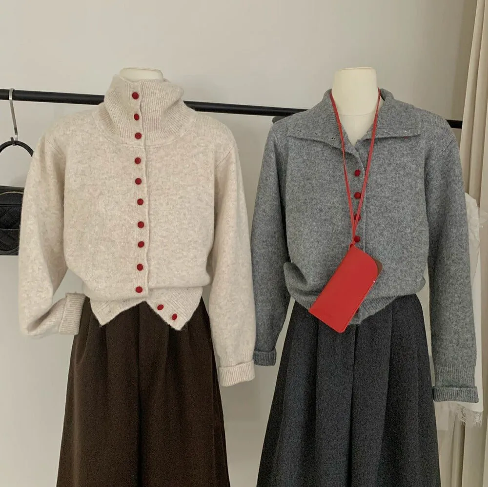 The Cozy Contrast | Solid Color High-Collar Wool Blend Cardigan FD sold by Negative product image thumbnail 4