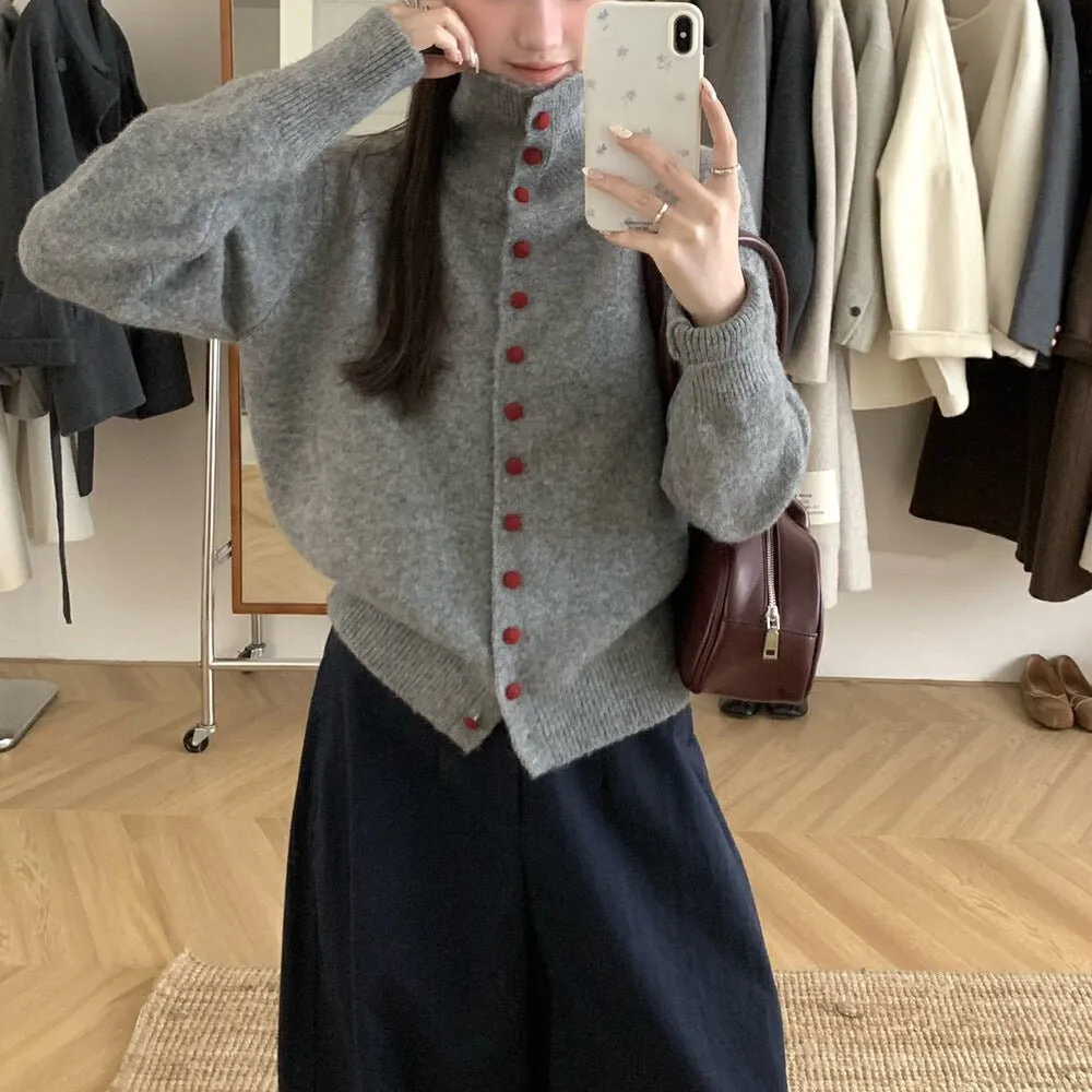 The Cozy Contrast | Solid Color High-Collar Wool Blend Cardigan FD sold by Negative product image thumbnail 2