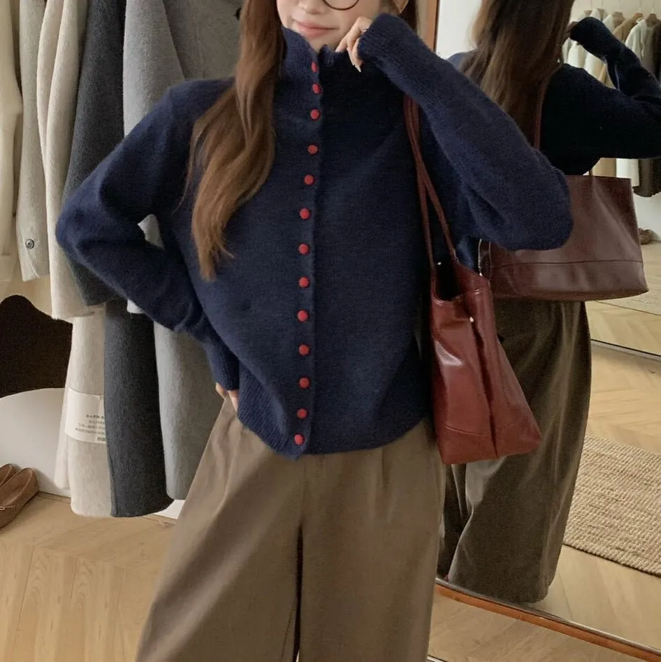 The Cozy Contrast | Solid Color High-Collar Wool Blend Cardigan FD sold by Negative product image thumbnail 3