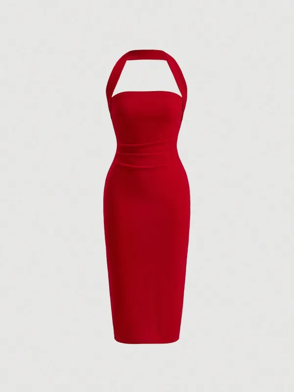 SHEIN Solid Ruched Halter Neck Backless Dress FD sold by Negative