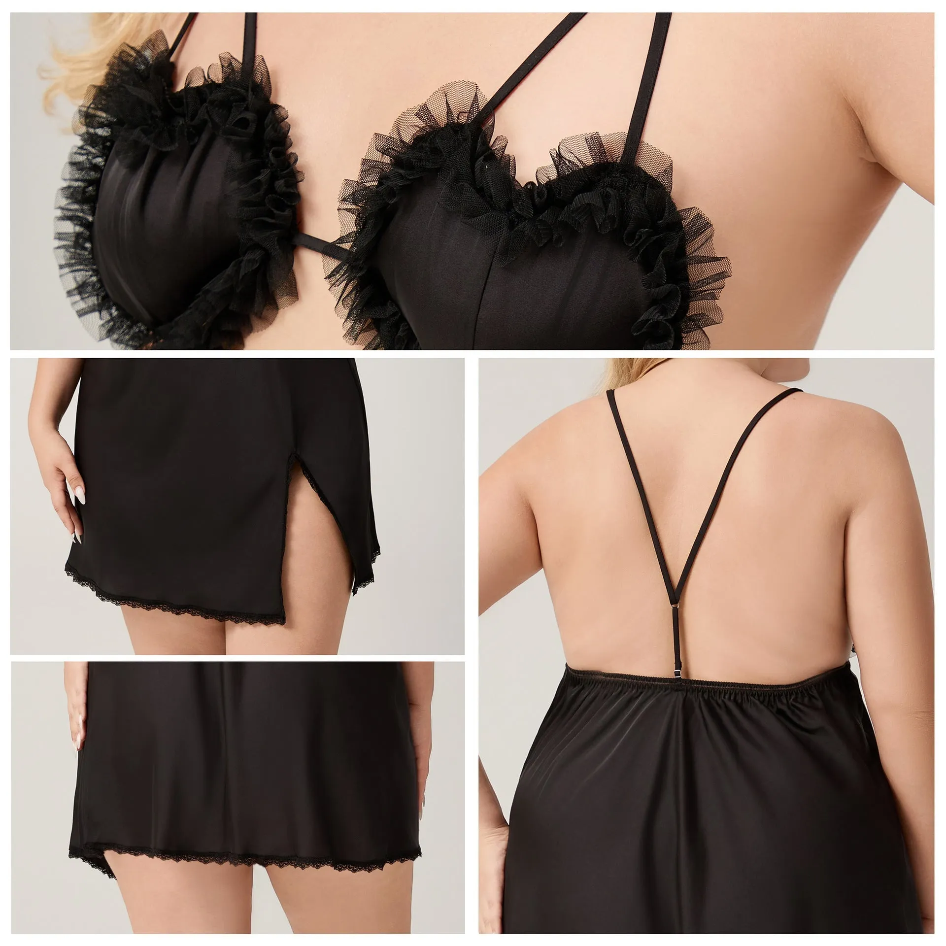 The Lace Temptation | Black Lace Satin Strap Mini Sleep Dress sold by Negative product image thumbnail 4
