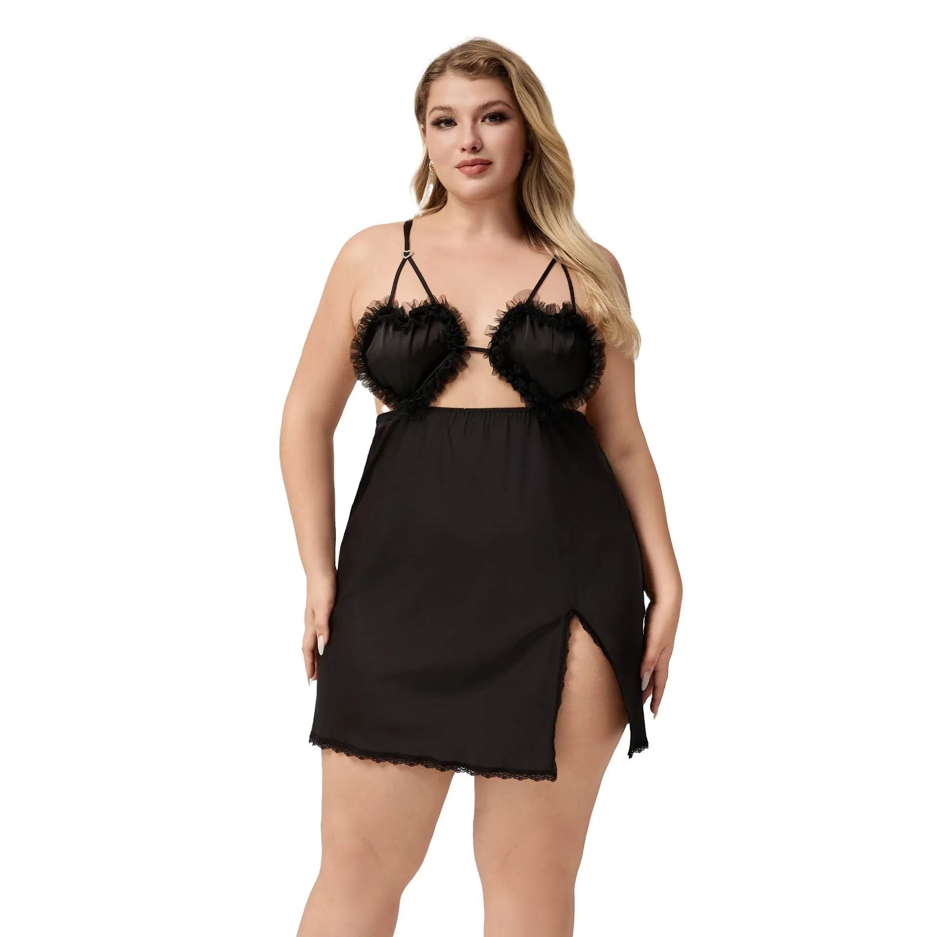 The Lace Temptation | Black Lace Satin Strap Mini Sleep Dress sold by Negative product image thumbnail 5