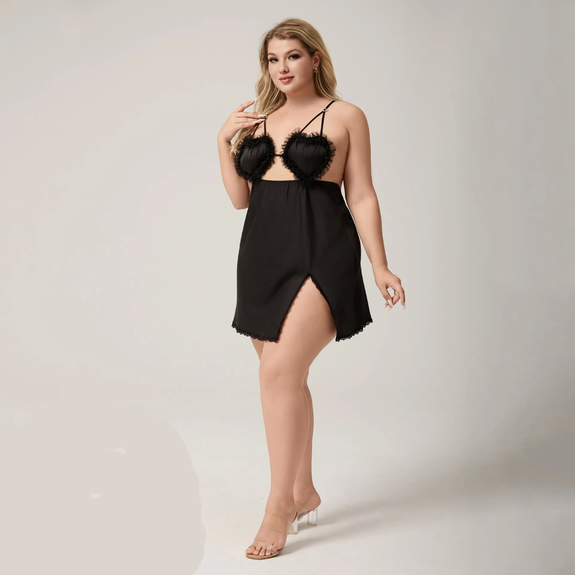 The Lace Temptation | Black Lace Satin Strap Mini Sleep Dress sold by Negative product image thumbnail 2