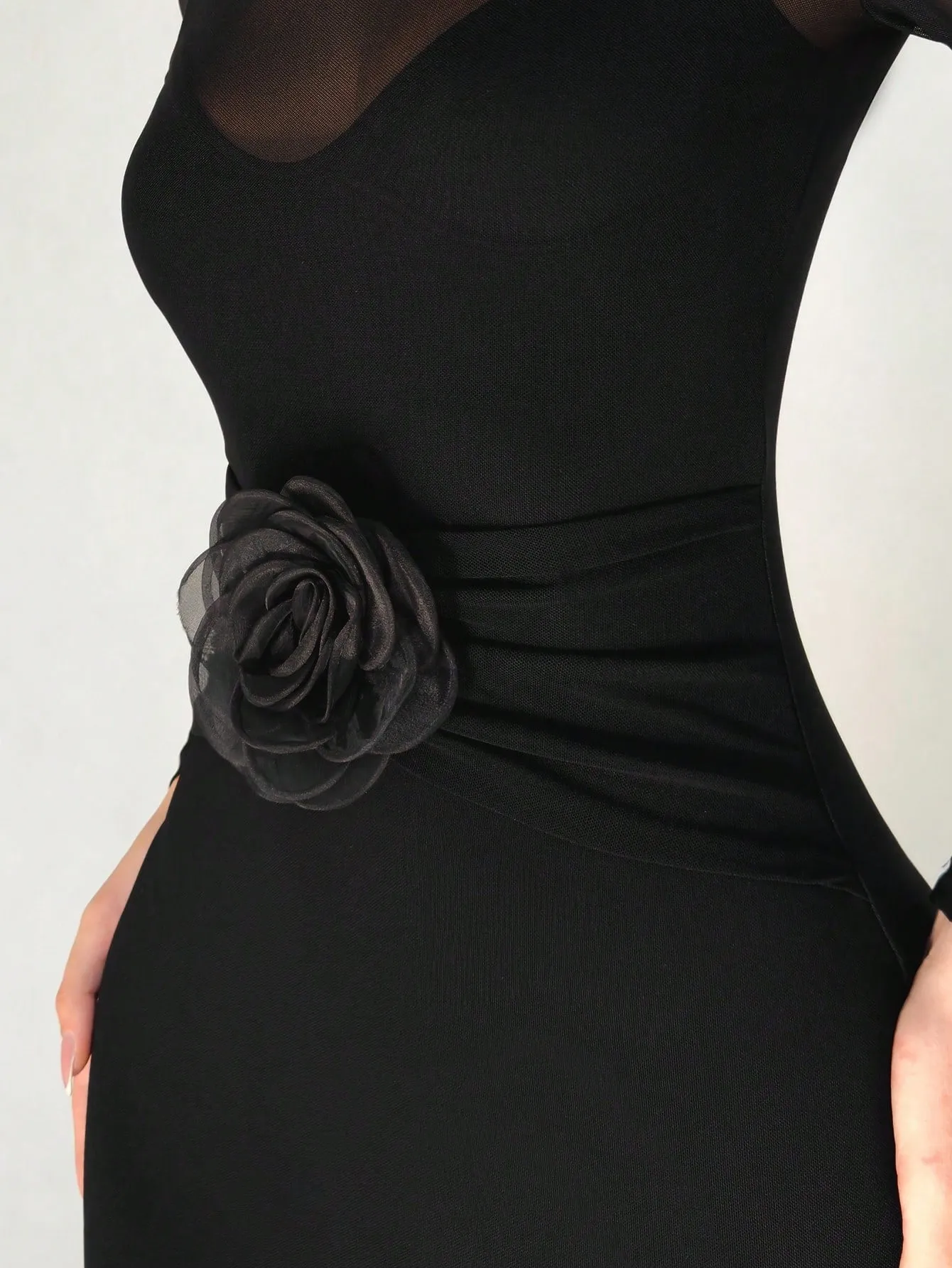 1pc Black Mesh Floral 3D Applique Long Sleeve Bodycon Dress For Women sold by Negative product image thumbnail 4