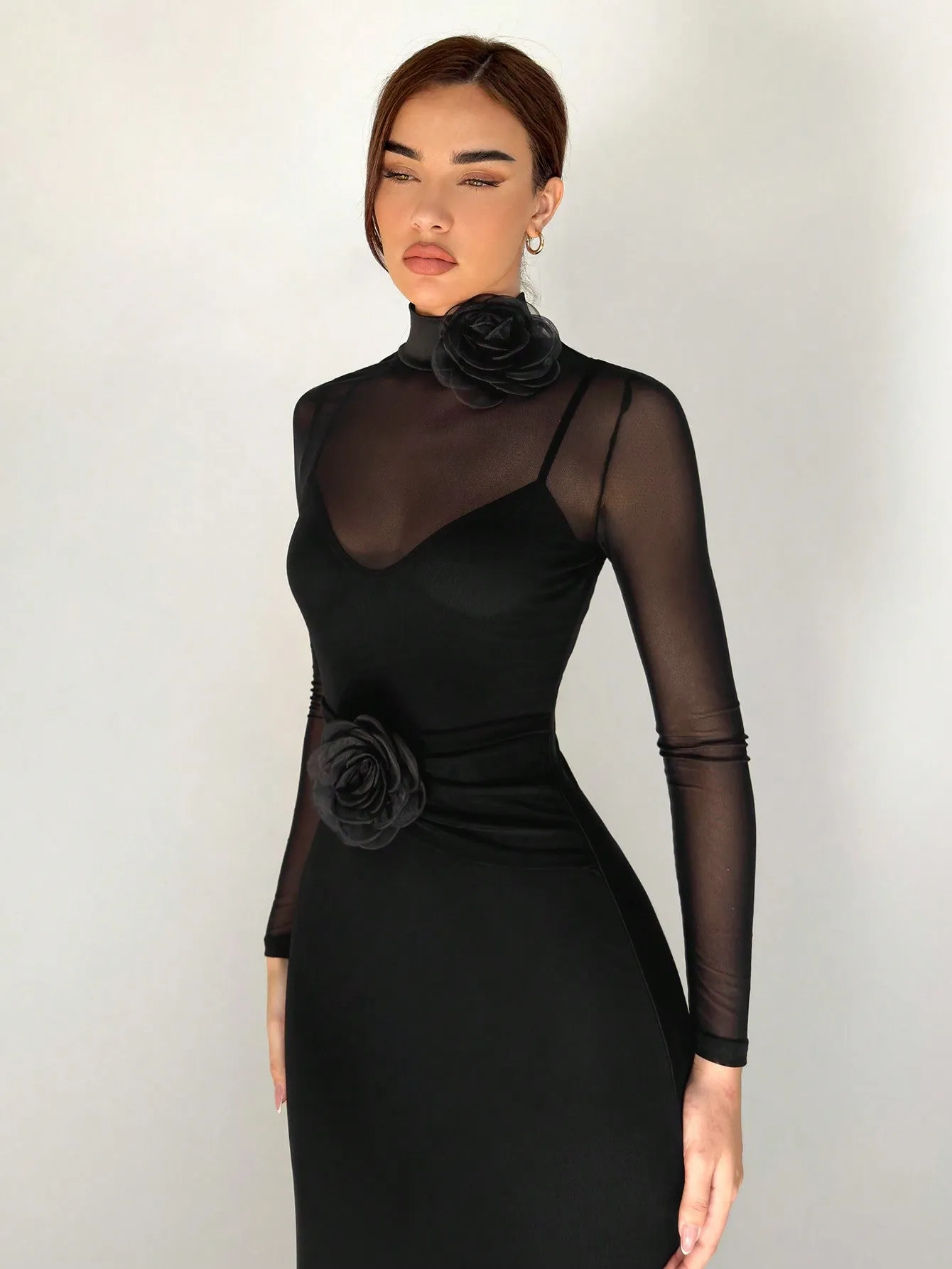 1pc Black Mesh Floral 3D Applique Long Sleeve Bodycon Dress For Women sold by Negative