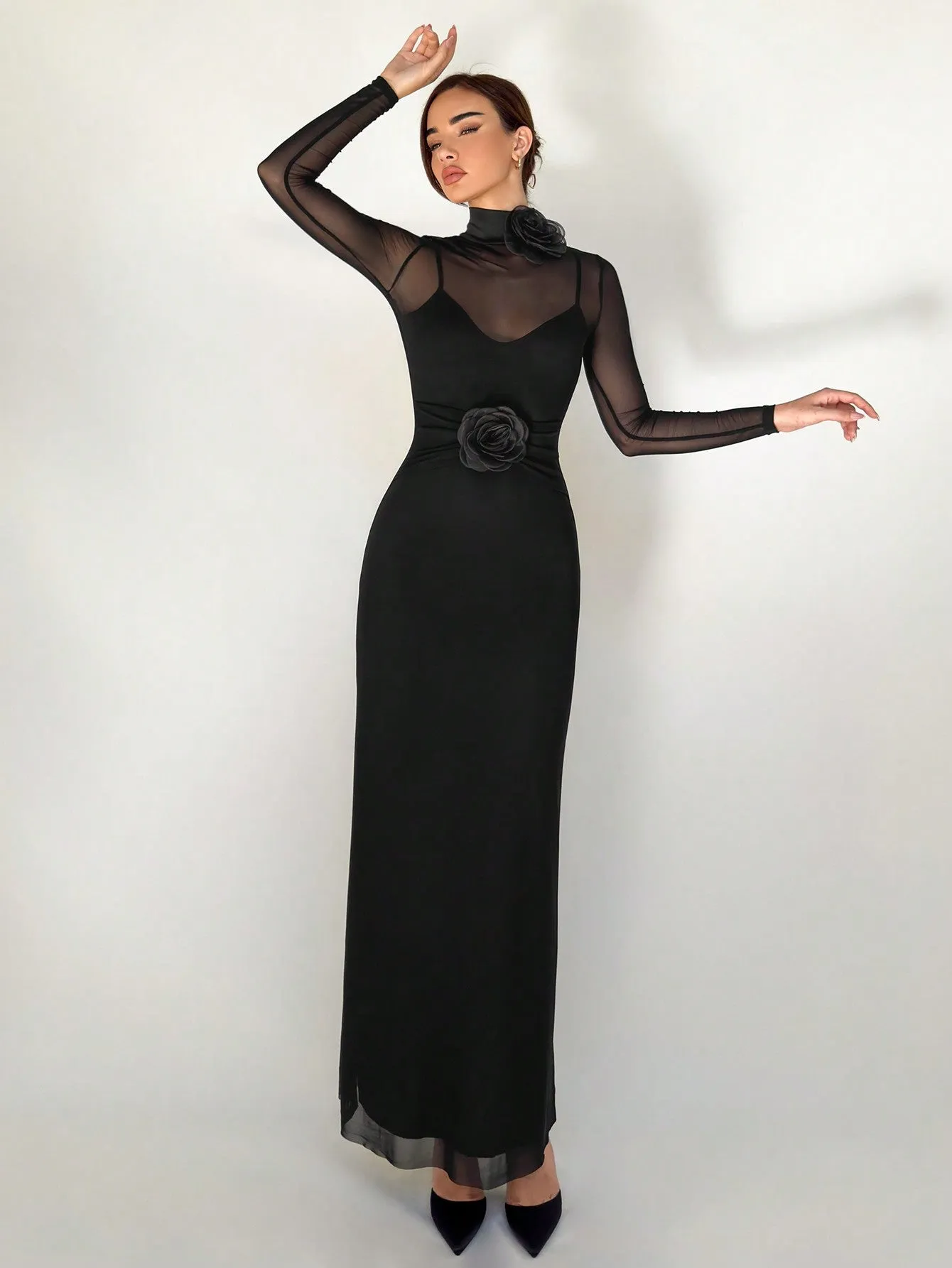 1pc Black Mesh Floral 3D Applique Long Sleeve Bodycon Dress For Women sold by Negative product image thumbnail 2