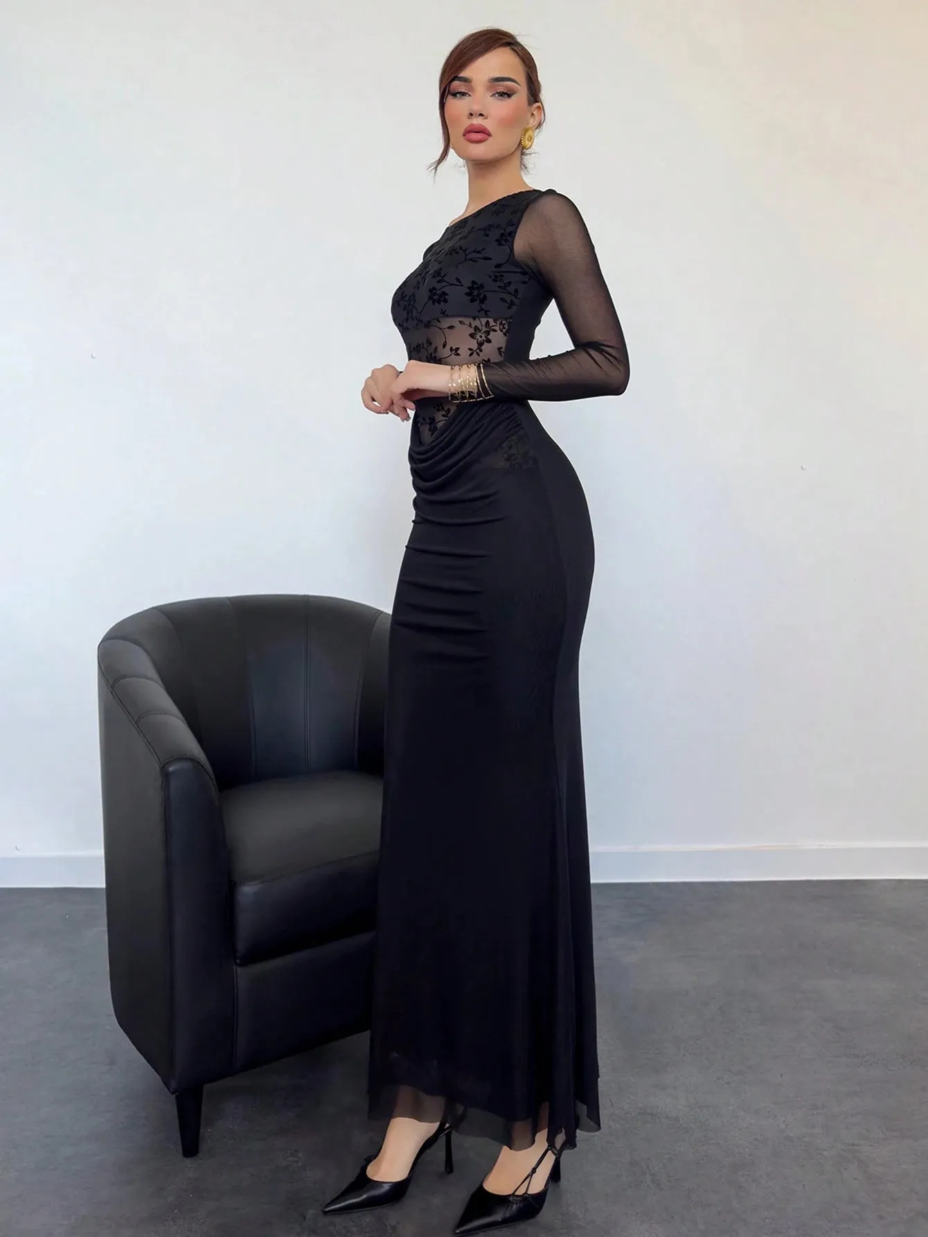 Aloruh Sexy Flocked Splice Waist Sheer Net Long Sleeve Dress, Modern & Alluring sold by Negative product image thumbnail 4