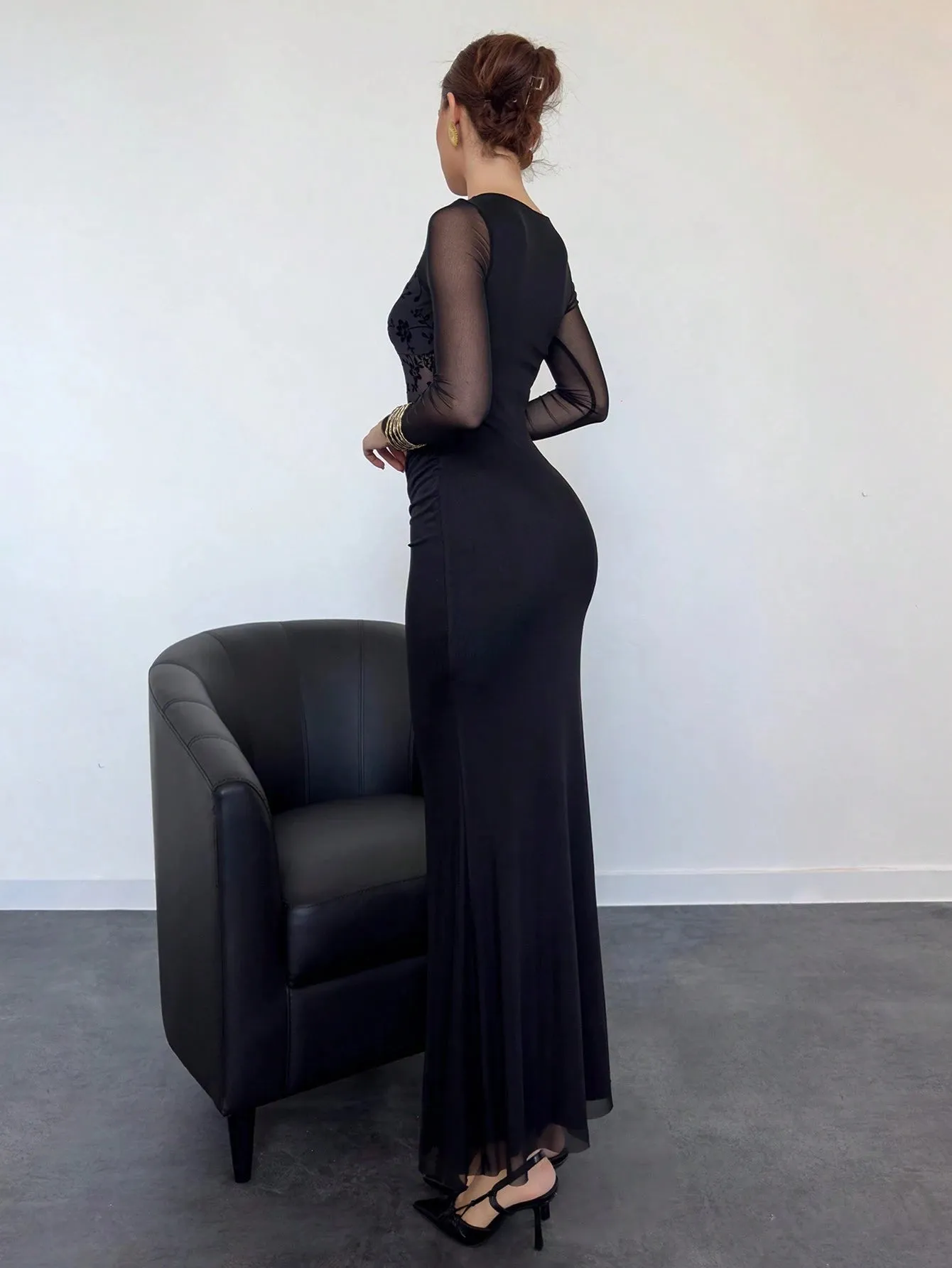 Aloruh Sexy Flocked Splice Waist Sheer Net Long Sleeve Dress, Modern & Alluring sold by Negative product image thumbnail 3
