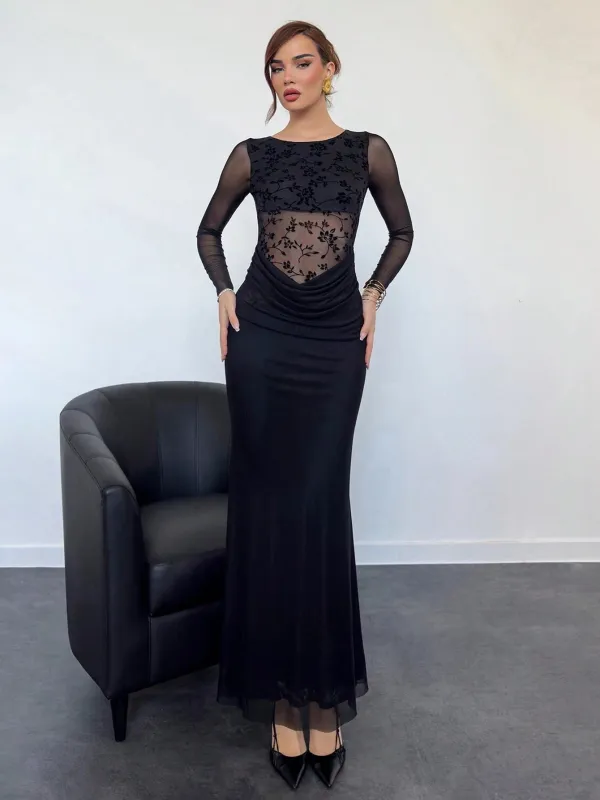 Aloruh Sexy Flocked Splice Waist Sheer Net Long Sleeve Dress, Modern & Alluring sold by Negative