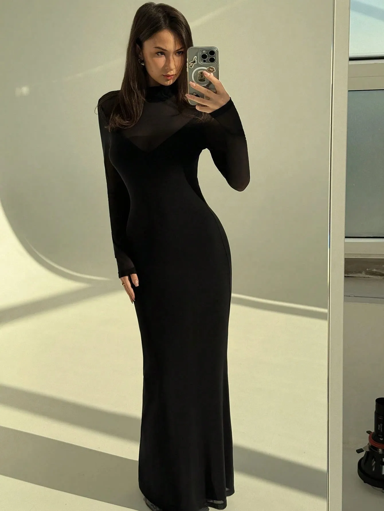 Aloruh Black Sexy Mesh Sheer High Neck Long Sleeve Bodycon Dress For Women FD sold by Negative product image thumbnail 4