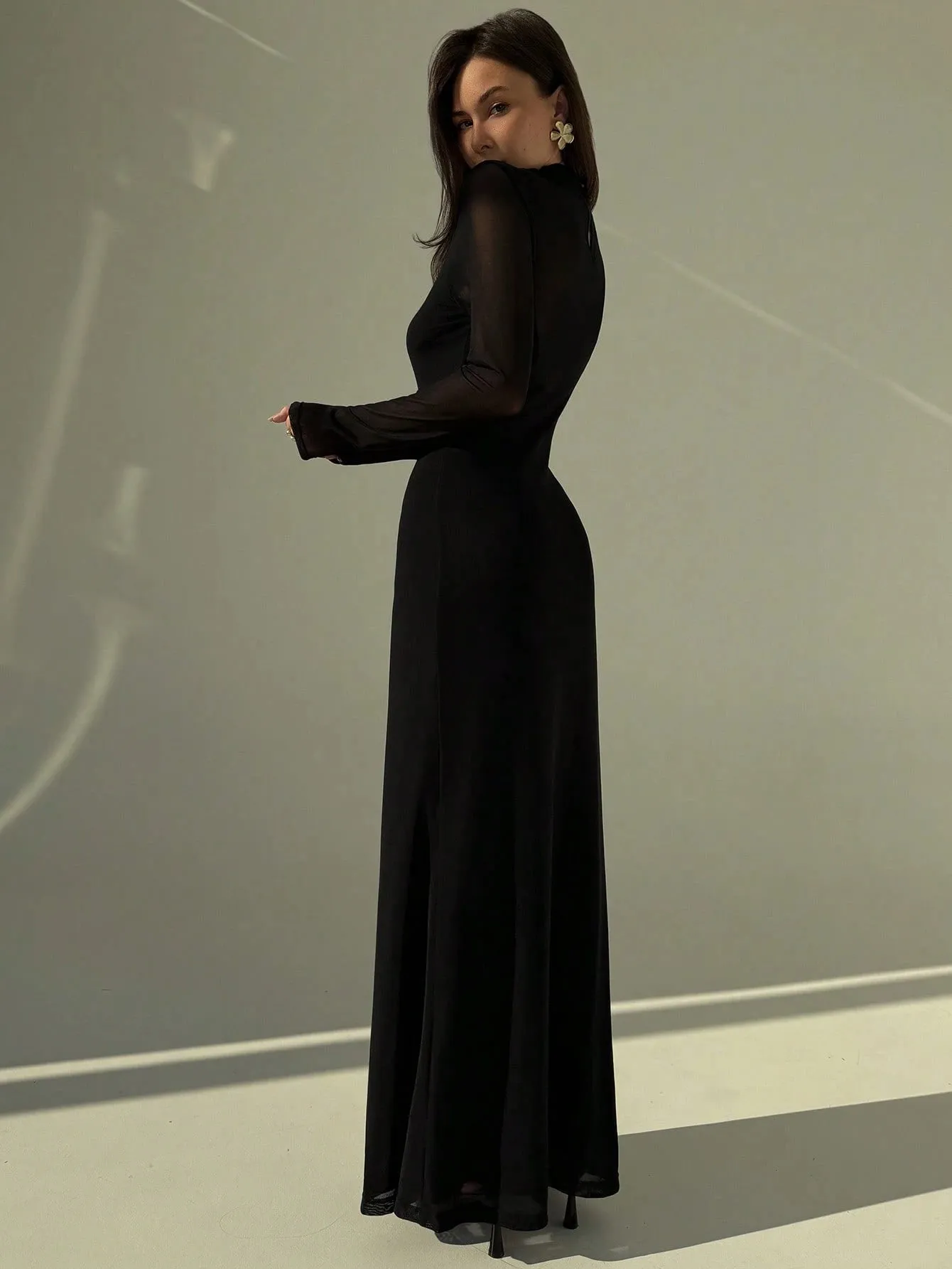 Aloruh Black Sexy Mesh Sheer High Neck Long Sleeve Bodycon Dress For Women FD sold by Negative product image thumbnail 3