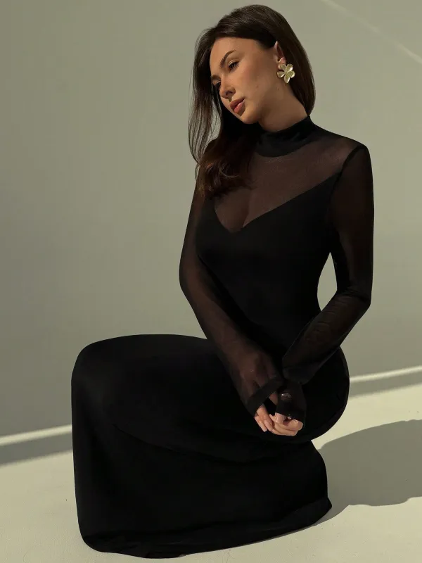 Aloruh Black Sexy Mesh Sheer High Neck Long Sleeve Bodycon Dress For Women FD sold by Negative
