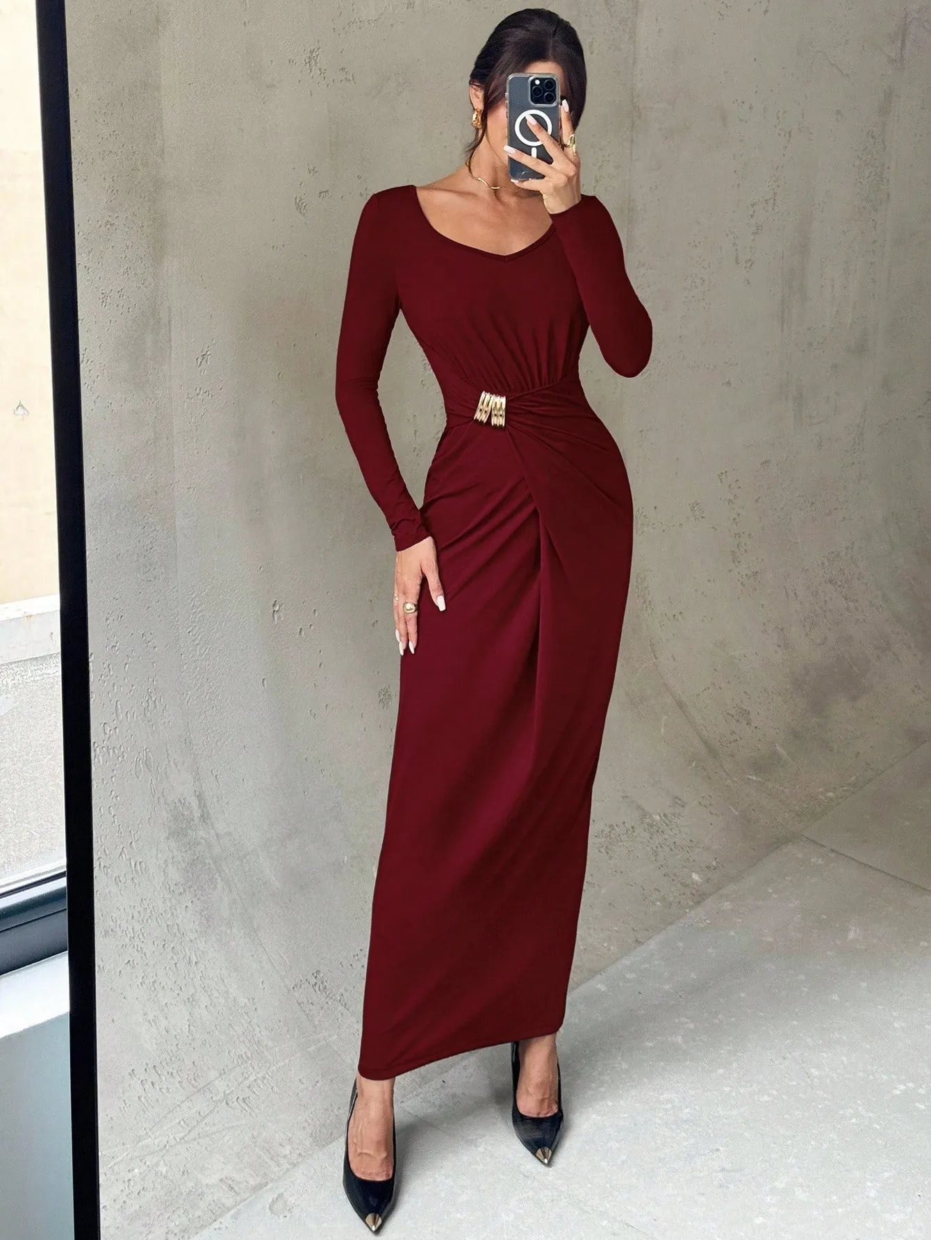 Firerie Women's Elegant Refined Daily New Commuting Minimalist Fashion Ruched High Waist Metal Decor Bodycon Long Sleeve Dark Brown Long Dress sold by Negative product image thumbnail 4