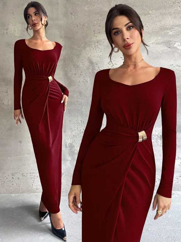 Firerie Women's Elegant Refined Daily New Commuting Minimalist Fashion Ruched High Waist Metal Decor Bodycon Long Sleeve Dark Brown Long Dress sold by Negative