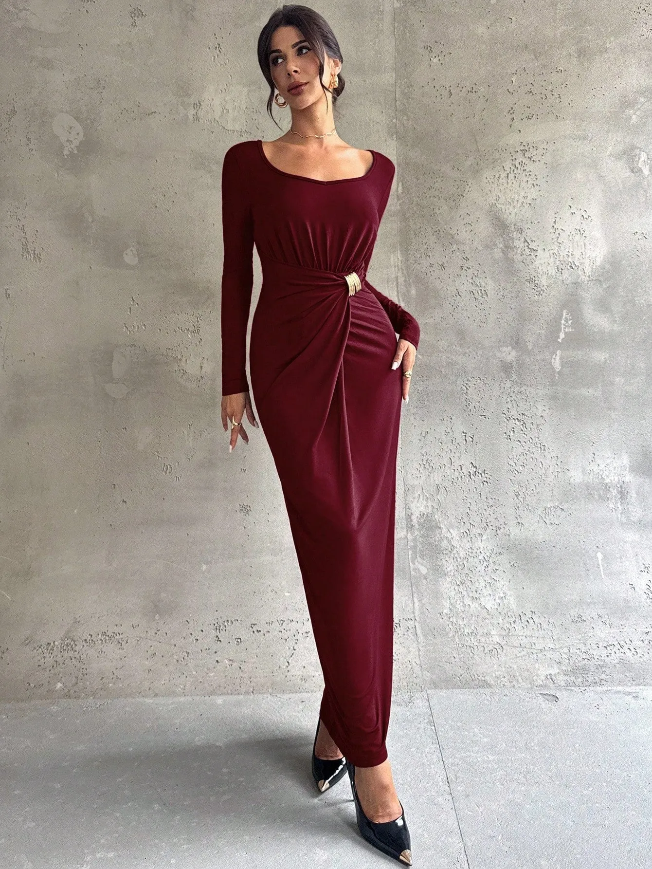Firerie Women's Elegant Refined Daily New Commuting Minimalist Fashion Ruched High Waist Metal Decor Bodycon Long Sleeve Dark Brown Long Dress sold by Negative product image thumbnail 5