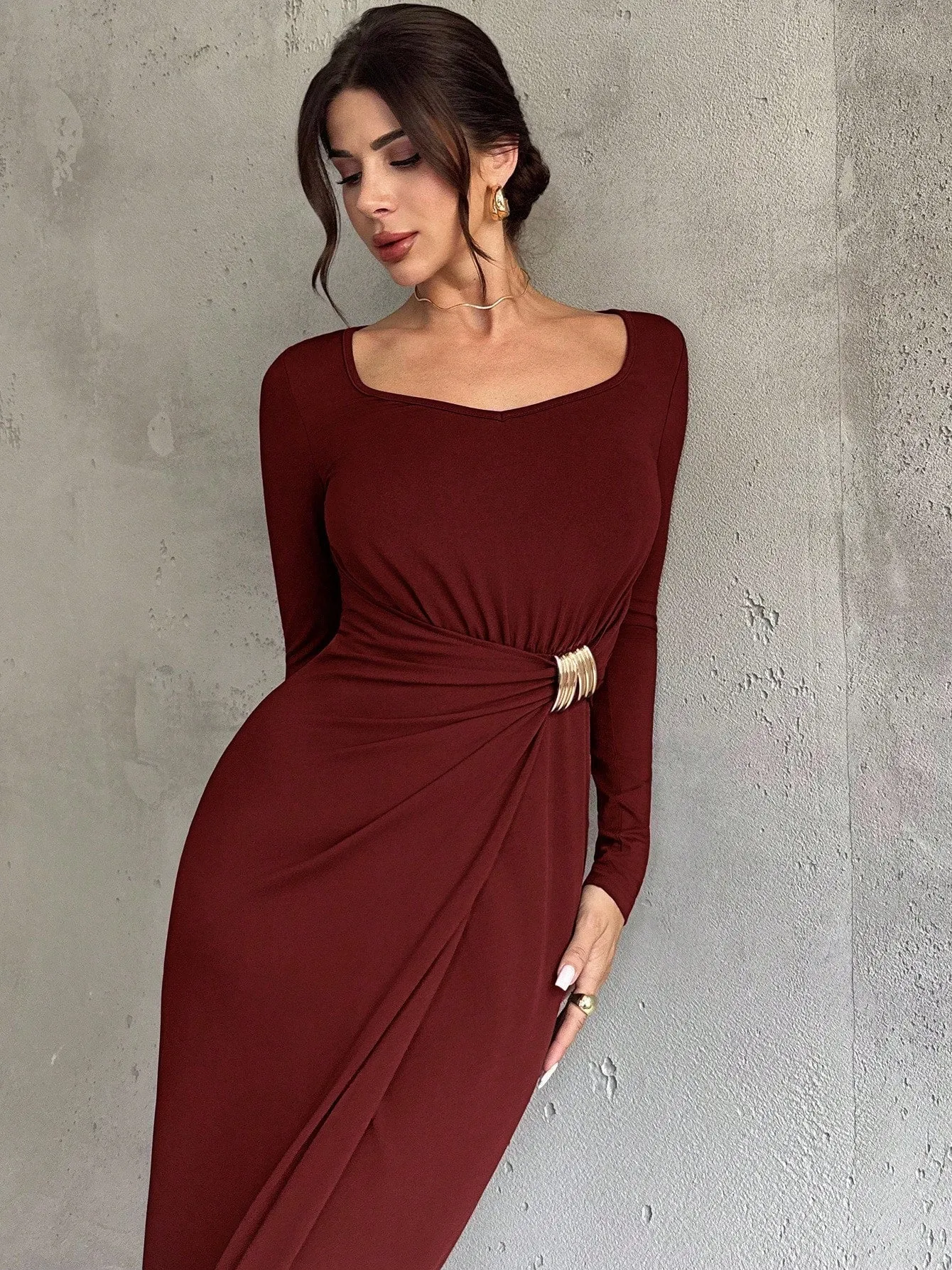 Firerie Women's Elegant Refined Daily New Commuting Minimalist Fashion Ruched High Waist Metal Decor Bodycon Long Sleeve Dark Brown Long Dress sold by Negative product image thumbnail 3