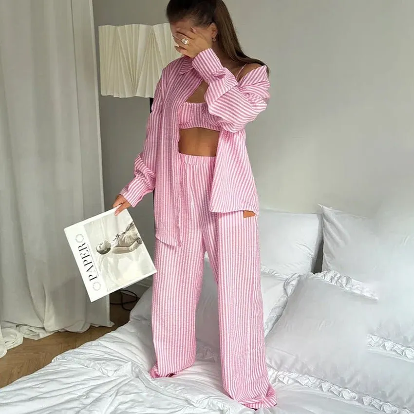 The Coastal Chic | Striped 3-Piece Cotton-Blend Loungewear Set sold by Negative product image thumbnail 2