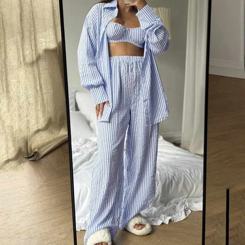 The Coastal Chic | Striped 3-Piece Cotton-Blend Loungewear Set made by Negative