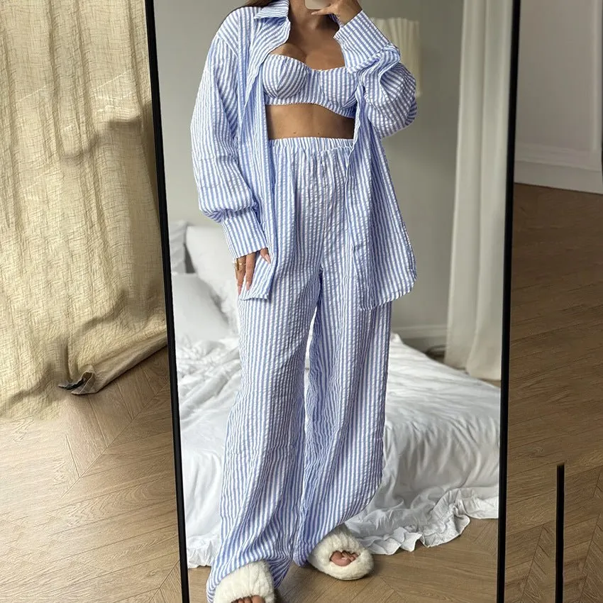 The Coastal Chic | Striped 3-Piece Cotton-Blend Loungewear Set sold by Negative
