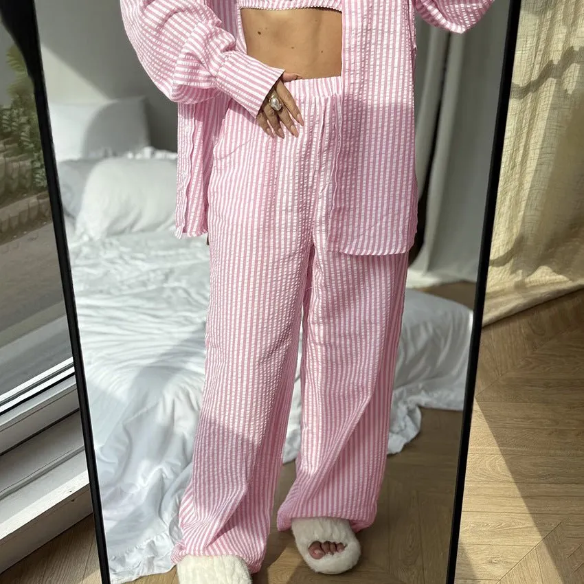 The Coastal Chic | Striped 3-Piece Cotton-Blend Loungewear Set sold by Negative product image thumbnail 4