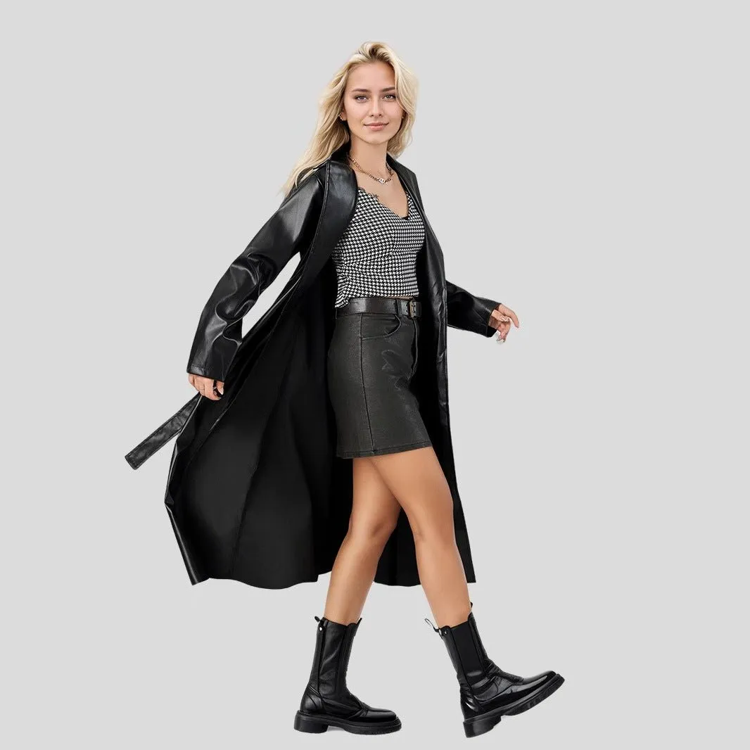 The Eternal Edge | Women's Extended Slim-Fit PU Leather Trench Coat FD sold by Negative product image thumbnail 3