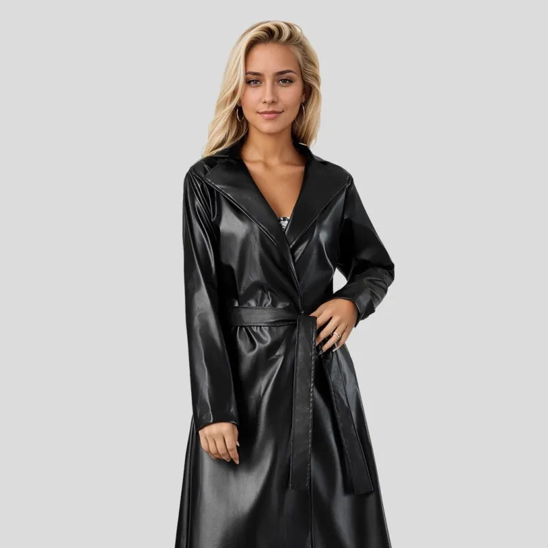The Eternal Edge | Women's Extended Slim-Fit PU Leather Trench Coat FD made by Negative
