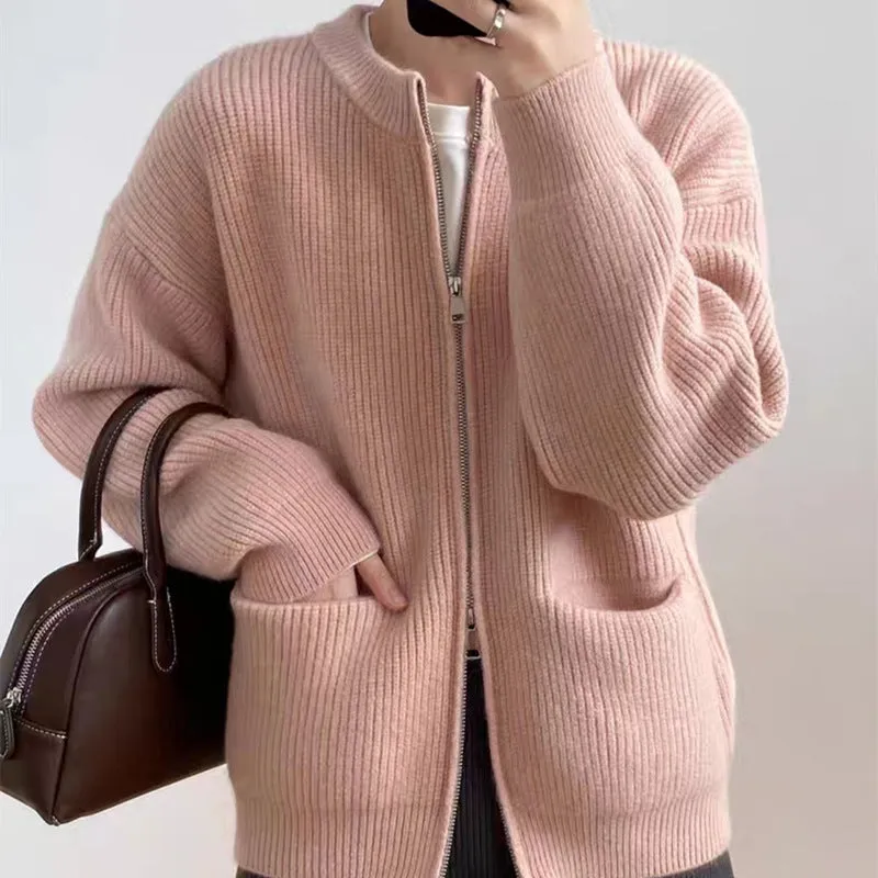 Casual Cashmere Blend Zipper Cardigan – Korean Loose Fit Pocket Sweater for Women FD sold by Negative product image thumbnail 3