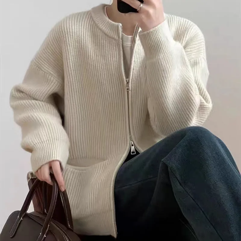 Casual Cashmere Blend Zipper Cardigan – Korean Loose Fit Pocket Sweater for Women FD sold by Negative product image thumbnail 4