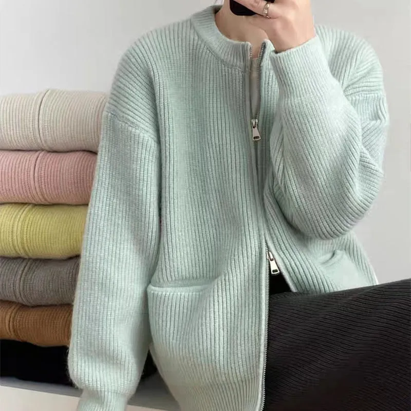 Casual Cashmere Blend Zipper Cardigan – Korean Loose Fit Pocket Sweater for Women FD made by Negative