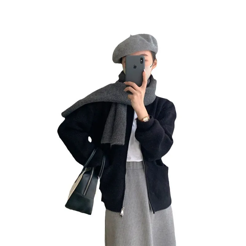 Casual Cashmere Blend Zipper Cardigan – Korean Loose Fit Pocket Sweater for Women FD sold by Negative product image thumbnail 5