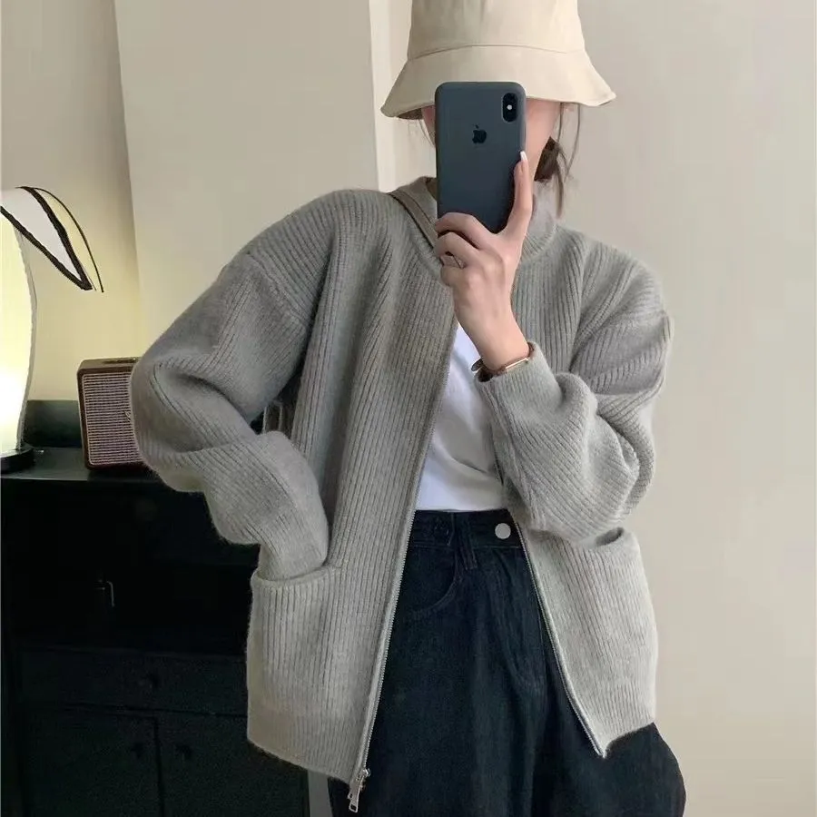 Casual Cashmere Blend Zipper Cardigan – Korean Loose Fit Pocket Sweater for Women FD sold by Negative product image thumbnail 2