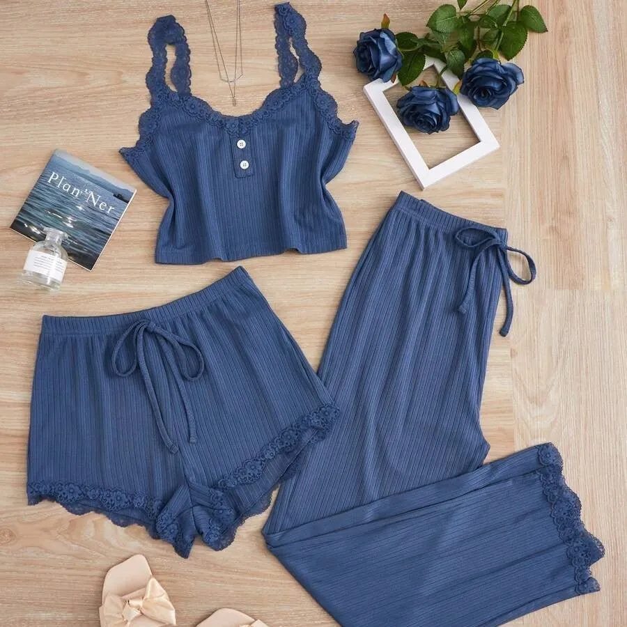 Women’s Ribbed Jacquard Three-Piece Lounge Set – Breathable Sleeveless Comfort Wear for Home & Outdoor (FD) sold by Negative product image thumbnail 2