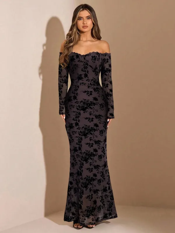 SHEIN BAE Black Flocked Off Shoulder Long Sleeve Bodycon Dress, Suitable For Autumn/Winter, Birthday, Party, Events, Layering sold by Negative