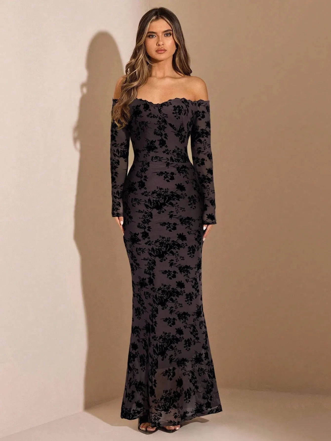 SHEIN BAE Black Flocked Off Shoulder Long Sleeve Bodycon Dress, Suitable For Autumn/Winter, Birthday, Party, Events, Layering sold by Negative