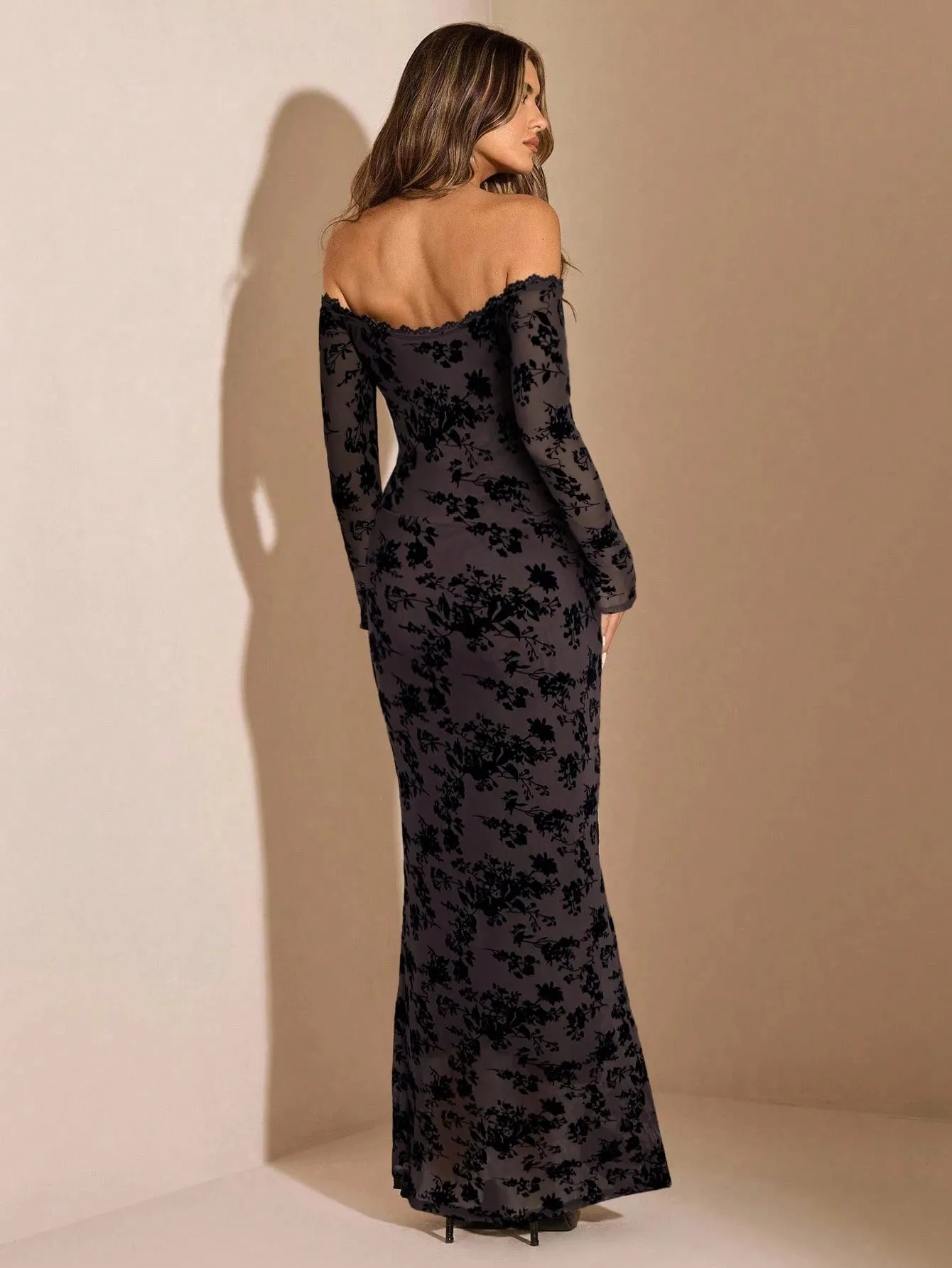 SHEIN BAE Black Flocked Off Shoulder Long Sleeve Bodycon Dress, Suitable For Autumn/Winter, Birthday, Party, Events, Layering sold by Negative product image thumbnail 2